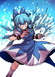 Rule 34 | &gt;:), 1girl, bare arms, blue dress, blue eyes, blue hair, bow, bowtie, cirno, dress, feet out of frame, fighting stance, grin, hair bow, hands up, highres, ice, ice wings, looking at viewer, medium dress, medium hair, red bow, red bowtie, short sleeves, smile, socks, solo, touhou, tukiwani, v-shaped eyebrows, wings, wristband