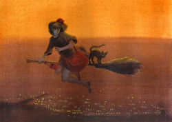 Rule 34 | 1girl, acrylic paint (medium), bag, black cat, black dress, black eyes, black footwear, black hair, bow, broom, broom riding, brown bag, canvas (medium), cat, cityscape, closed mouth, commentary, dress, evening, hair bow, holding on, jiji (majo no takkyuubin), kiki (majo no takkyuubin), leather bag, lia marin, looking past viewer, majo no takkyuubin, medium sleeves, messenger bag, orange sky, outdoors, painting (medium), red bow, scan, short hair, shoulder bag, sky, solo, sunlight, traditional media, witch