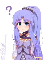 Rule 34 | 2girls, ?, blue eyes, blue hair, breasts, capelet, character request, check character, closed mouth, collarbone, commentary request, dress, fate/grand order, fate (series), highres, jitome, long hair, medea (lily) (fate), medium breasts, multiple girls, nursery rhyme (fate), parted bangs, pointy ears, ponytail, purple dress, shaded face, simple background, smile, solo focus, upper body, very long hair, white background, yuya090602