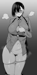 Rule 34 | 1girl, amano don, bar censor, blush, breasts, censored, check copyright, closed eyes, collared shirt, commentary request, copyright request, gradient background, greyscale, highres, large breasts, long hair, long sleeves, monochrome, navel, original, panties, panty pull, parted lips, partially unbuttoned, pussy juice, shirt, smile, solo, thighs, underwear