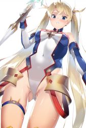 Rule 34 | 1girl, absurdres, armor, bare shoulders, blonde hair, blue eyes, blush, bradamante (fate), bradamante (first ascension) (fate), braid, breasts, covered navel, crown braid, elbow gloves, fate/grand order, fate (series), faulds, gloves, gluteal fold, hair between eyes, highleg, highleg leotard, highres, hip focus, leotard, long hair, looking at viewer, looking down, medium breasts, parted lips, simple background, skindentation, solo, thigh strap, thighs, twintails, very long hair, weapon, white background, xkirara39x