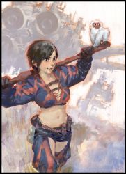 Rule 34 | 12v, 1girl, abstract background, belt, black eyes, black hair, breasts, cleavage, cowboy shot, gloves, holding, long sleeves, midriff, monkey, navel, original, pants, parted lips, short hair, solo, standing