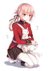 Rule 34 | 1girl, blush, braid, breasts, cat, fate/grand order, fate (series), florence nightingale (fate), full body, gloves, hair ribbon, highres, kneeling, large breasts, long hair, military, military uniform, pantyhose, pink hair, ponytail, red eyes, ribbon, skirt, solo, toosaka asagi, uniform, white background, white gloves