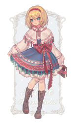 Rule 34 | 1girl, absurdres, alice margatroid, blonde hair, blue dress, blue eyes, blush, boots, bow, brown footwear, capelet, cross-laced footwear, dress, frills, full body, hair between eyes, hairband, highres, knee boots, lace-up boots, long sleeves, looking at viewer, petticoat, qiu ju, red hairband, red ribbon, ribbon, short hair, smile, solo, standing, touhou