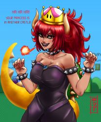 Rule 34 | 1girl, armlet, artist request, bare shoulders, black collar, black dress, bowsette, bracelet, breasts, breath weapon, breathing fire, cleavage, collar, collarbone, crown, dark-skinned female, dark skin, dress, earrings, english text, fangs, fingernails, fire, highres, horns, jewelry, large breasts, long hair, looking at viewer, mario (series), nail polish, new super mario bros. u deluxe, nintendo, non-web source, open mouth, pointy ears, red hair, red nails, sharp fingernails, sharp teeth, solo, spiked armlet, spiked bracelet, spiked collar, spiked shell, spiked tail, spikes, standing, strapless, strapless dress, super crown, super mario bros. 1, tail, teeth, thick eyebrows, turtle shell