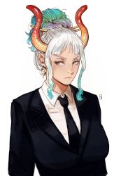 Rule 34 | 1girl, absurdres, alternate costume, arms at sides, black necktie, black suit, blouse, collared shirt, earrings, formal, hair bun, hair ornament, highres, horns, jacket, jewelry, joy boy, looking to the side, multicolored hair, multicolored horns, necktie, one piece, orange eyes, serious, shirt, simple background, single hair bun, solo, suit, suit jacket, upper body, white background, white shirt, yamato (one piece), yellow horns