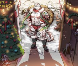 Rule 34 | 1boy, abs, absurdres, alternate costume, animal ears, arknights, bara, bare pectorals, bulge, carrying over shoulder, character doll, christmas, christmas lights, christmas ornaments, christmas tree, cross scar, from above, full body, fur-trimmed jacket, fur trim, furry, furry male, gift, highres, holding, holding gift, holding sack, hung (arknights), jacket, large pectorals, leng xiaoyu, male focus, mountain (arknights), muscular, muscular male, navel, navel hair, nipples, open clothes, open jacket, pectorals, red shorts, reindeer, revealing clothes, sack, scar, scar across eye, scar on chest, scar on face, short hair, short shorts, shorts, smile, snowman, solo, standing, stomach, thick eyebrows, thick thighs, thighs, tiger boy, tiger ears, white fur, white hair