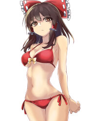Rule 34 | 1girl, alternate costume, bikini, bow, bow bikini, breasts, brown eyes, brown hair, cleavage, closed mouth, commentary request, frilled bow, frilled hair tubes, frills, hair bow, hair tubes, hakurei reimu, highres, kinese (katasutorohu), long hair, looking at viewer, red bikini, red bow, solo, swimsuit, touhou, yellow bow