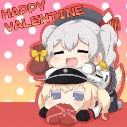 Rule 34 | 10s, 4koma, bag, blonde hair, cape, comic, commentary request, english text, epaulettes, closed eyes, food, food in mouth, graf zeppelin (kancolle), grey eyes, hair ribbon, hat, heart, kantai collection, kashima (kancolle), military, military uniform, peaked cap, puchimasu!, ribbon, silver hair, sitting, sitting on person, tail, translation request, twintails, uniform, valentine, yuureidoushi (yuurei6214)