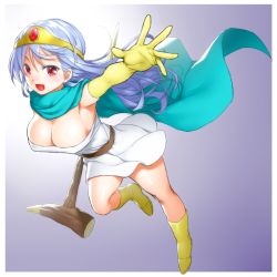 Rule 34 | 1girl, :d, armpits, blue hair, blush, boots, breasts, cape, cleavage, dragon quest, dragon quest iii, dress, elbow gloves, gloves, large breasts, onsoku inu, open mouth, red eyes, sage (dq3), smile, solo, staff, tiara