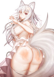 Rule 34 | 1girl, ai gon deroga, animal ears, apron, arm ribbon, ass, bad id, bad pixiv id, bare back, blush, bottomless, breasts, chain, collar, curvy, eyebrows, flower, fox ears, fox tail, frilled apron, frills, from behind, glint, grey eyes, hair between eyes, hair flower, hair ornament, highres, huge ass, jewelry, large breasts, long hair, looking at viewer, looking back, naked apron, original, parted lips, ribbon, ring, sideboob, simple background, slap mark, solo, tail, tears, thick thighs, thighhighs, thighs, wedding band, wedding ring, white apron, white background, white hair, white thighhighs, wide hips