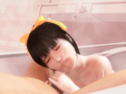 Rule 34 | 1boy, 1girl, 3d, animated, animated gif, bath, black hair, breasts, brown hair, censored, cum, cum in mouth, fellatio, hair ribbon, hetero, indoors, kenzsoft, lowres, lying, meshi mase misaki!, mixed-sex bathing, nipples, nude, oral, penis, qvga, ribbon, saliva, shared bathing, small breasts, wet, wince