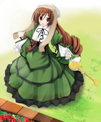 Rule 34 | 00s, 1girl, :d, black ribbon, blush, bonnet, brown hair, dress, drill hair, flower, from above, full body, green dress, green eyes, heterochromia, holding, kiriya haruhito, lolita fashion, long hair, long sleeves, looking at viewer, neck ribbon, open mouth, outdoors, red eyes, ribbon, rozen maiden, smile, solo, standing, suiseiseki, twin drills, very long hair, watering can