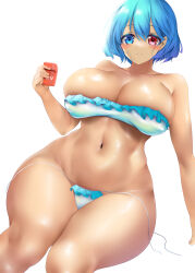 Rule 34 | 1girl, absurdres, bikini, blue eyes, blue hair, blush, breasts, cleavage, closed mouth, commentary request, frilled bikini, frills, heterochromia, highres, huge breasts, looking at viewer, lotion, navel, poke200, red eyes, short hair, simple background, sitting, solo, sunscreen, swimsuit, tatara kogasa, thighs, touhou, undone bikini, variant set, white background, white bikini