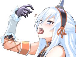 Rule 34 | 1boy, 1girl, bare shoulders, blue eyes, blush, fake horns, giant, giantess, gloves, hairband, highres, horns, kirin (armor), monster hunter (series), niwaka potato, open mouth, saliva, simple background, size difference, teeth, tongue, tongue out, vore, white background, white hair