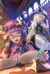 Rule 34 | 3girls, :o, bespectacled, blonde hair, blush, book, bookshelf, bow, braid, capelet, female focus, flower, flying, glasses, hand on headwear, hat, hat bow, head wings, holding, kirisame marisa, koakuma, long hair, multiple girls, open book, open mouth, patchouli knowledge, purple eyes, purple hair, quill, red eyes, red hair, rose, ryuuzaki ichi, single braid, smile, striped, touhou, wings, witch hat, yellow eyes, yuri