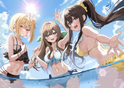 Rule 34 | 3girls, :d, arm up, armpits, ass, back, bikini, black bikini, blonde hair, blue bikini, blue eyes, blue sky, breasts, brown eyes, brown hair, cleavage, closed mouth, cloud, commentary request, day, ear piercing, frilled bikini, frills, hair between eyes, hair bun, hair ornament, hair ribbon, hair scrunchie, hairclip, large breasts, lens flare, long hair, looking at viewer, multicolored hair, multiple girls, navel, ocean, open mouth, original, outdoors, outstretched arm, partially submerged, piercing, pink hair, piyopoyo, ponytail, pout, purple eyes, rabbit hair ornament, ribbon, scrunchie, sideboob, sky, small breasts, smile, stomach, streaked hair, sun, swimsuit, teeth, two-tone hair, upper teeth only, wading, water drop