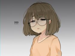 Rule 34 | 1girl, ?, ??, artist name, brown eyes, brown hair, collarbone, commentary, glasses, gradient background, grey background, highres, looking at viewer, messy hair, mole, mole under mouth, neqo (neneneqo), open mouth, original, shirt, short hair, simple background, solo, symbol-only commentary, white background, yellow shirt