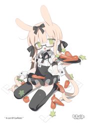 Rule 34 | 1girl, animal ears, bandaid, bandaid on object, bandaid on pussy, black bra, black dress, black ribbon, black thighhighs, bra, breast cutout, buttoned cuffs, carrot, commentary, daizu (melon-lemon), dress, english commentary, full body, glasses, green eyes, hair ribbon, high heels, highres, holding, holding plate, looking at viewer, name tag, neck ribbon, no panties, open mouth, orange footwear, orange hair, original, plate, puffy short sleeves, puffy sleeves, rabbit ears, rabbit girl, rabbit tail, ribbon, seiza, semi-rimless eyewear, shoes, short dress, short hair, short sleeves, sidelocks, simple background, sitting, solo, tail, thighhighs, twintails, under-rim eyewear, underwear, very short hair, white background, wrist cuffs