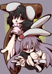 Rule 34 | 2girls, animal ears, black hair, bullet, female focus, highres, inaba tewi, kine, long hair, mallet, multiple girls, open mouth, purple hair, rabbit ears, red eyes, reisen udongein inaba, short hair, simple background, tail, touhato, touhou