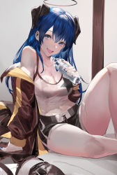 Rule 34 | 1girl, arknights, arm support, black halo, blazpu, blue eyes, blue hair, bottle, breasts, camisole, cleavage, dark halo, halo, highres, holding, holding bottle, horns, jacket, knee up, long hair, mostima (arknights), nail polish, off shoulder, open clothes, open jacket, short shorts, shorts, sitting