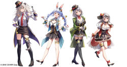 Rule 34 | 4girls, ace (playing card), ace of spades, animal ears, black hair, blue hair, braid, breasts, card, carrot hair ornament, cleavage, ear piercing, food-themed hair ornament, full body, grey hair, hair ornament, highres, hololive, jacket, large breasts, lion ears, long hair, medium breasts, medium hair, multicolored hair, multiple girls, official art, piercing, playing card, sakamata chloe, shirogane noel, shishiro botan, simple background, small breasts, spade (shape), standing, streaked hair, striped clothes, striped jacket, summer tail720, twin braids, usada pekora, vertical-striped clothes, vertical-striped jacket, virtual youtuber, white background, x hair ornament