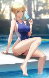 Rule 34 | 1girl, :o, ahoge, artoria pendragon (fate), artoria pendragon (lancer) (fate), bare arms, bare legs, bare shoulders, barefoot, blue one-piece swimsuit, blurry, blurry background, braid, braided bun, breasts, collarbone, competition swimsuit, day, depth of field, fate/grand order, fate (series), food, hair bun, hair intakes, highres, holding, holding food, impossible clothes, impossible swimsuit, large breasts, one-piece swimsuit, open mouth, outdoors, pool, poolside, popsicle, revision, sidelocks, sitting, soaking feet, solar (happymonk), solo, swimsuit, water