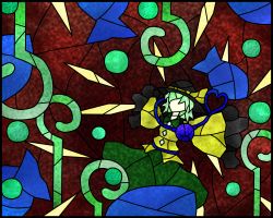 Rule 34 | 1girl, bad id, bad pixiv id, faceless, faux traditional media, female focus, green hair, hat, highres, komeiji koishi, koutyousan, short hair, solo, stained glass, third eye, touhou