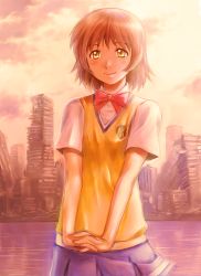 Rule 34 | 1girl, brown hair, building, city, kaminagi ryouko, ruins, school uniform, smile, yellow eyes, yusao, zegapain