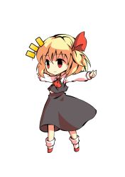 Rule 34 | 1girl, arms up, ascot, black eyes, blonde hair, chibi, closed mouth, collar, collared shirt, dairi, full body, grey skirt, grey vest, hair between eyes, hair ribbon, hands up, long skirt, long sleeves, looking to the side, red ascot, red eyes, red footwear, red ribbon, ribbon, rumia, shaded face, shirt, shoes, short hair, simple background, skirt, smile, socks, solo, standing, tachi-e, touhou, transparent background, vest, white background, white shirt, white sleeves, white socks