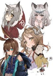 Rule 34 | 5girls, ahoge, amiya (arknights), anger vein, angry, animal ear fluff, animal ears, aqua choker, aqua eyes, arknights, ascot, bad id, bad pixiv id, black jacket, blonde hair, blue ascot, blush, braid, brown hair, chibi, choker, circlet, closed mouth, clothes writing, coat, commentary, dress, earrings, expulse, eyelashes, eyjafjalla (arknights), fang, fur-trimmed hood, fur trim, gas mask, grey eyes, hair between eyes, highres, hood, hooded jacket, horns, jacket, jewelry, leopard ears, lion ears, lion tail, lips, long hair, looking at viewer, mask, mask around neck, material growth, medium hair, multiple girls, multiple rings, open clothes, open coat, open mouth, orange eyes, oripathy lesion (arknights), ponytail, pramanix (arknights), projekt red (arknights), purple dress, rabbit ears, red jacket, red shorts, ribbed sweater, ring, sheep ears, sheep horns, shirt, short shorts, shorts, side braids, siege (arknights), silver hair, simple background, single earring, smile, spoken anger vein, sweater, tail, tassel, tassel earrings, topknot, turtleneck, turtleneck sweater, twin braids, upper body, white background, white coat, white shirt, white sweater, wolf ears, yellow eyes