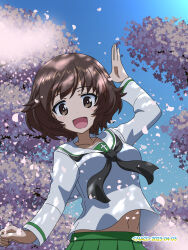 Rule 34 | 1girl, :d, akiyama yukari, arm up, artist name, black neckerchief, blouse, blue sky, brown eyes, brown hair, cherry blossoms, clear sky, commentary, dated, day, girls und panzer, green skirt, highres, long sleeves, looking at viewer, messy hair, midriff peek, naotosi, navel, neckerchief, ooarai school uniform, open mouth, outdoors, pleated skirt, sailor collar, school uniform, serafuku, shirt, short hair, skirt, sky, smile, solo, tree, waving, white sailor collar, white shirt, wind