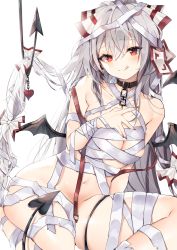 Rule 34 | 1girl, :q, absurdres, bandages, black collar, bow, breasts, collar, collarbone, demon tail, demon wings, fingernails, fujiwara no mokou, hair between eyes, hair bow, halloween, heart, highres, hiiro60, large breasts, long hair, looking at viewer, nail polish, naked bandage, nude, red eyes, red nails, silver hair, simple background, sitting, smile, solo, tail, tongue, tongue out, touhou, white background, white bow, wings