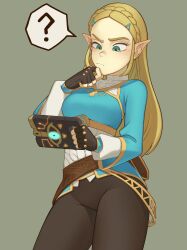 Rule 34 | 1girl, ?, absurdres, black gloves, black pants, blonde hair, blue shirt, braid, fingerless gloves, gloves, green eyes, hand on own chin, highres, holding, long hair, meikaa, nintendo, pants, pointy ears, princess zelda, shirt, solo, standing, stroking own chin, the legend of zelda, the legend of zelda: breath of the wild, thinking, thought bubble