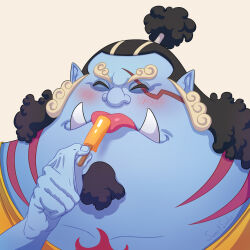 Rule 34 | 1boy, black hair, blue skin, blush, closed eyes, colored skin, curly eyebrows, eating, fangs, fish boy, food, gills, holding, holding food, holding ice cream, ice cream, jinbe (one piece), long hair, male focus, membrane, monster boy, msvekla, one piece, pointy ears, ponytail, portrait, shark boy, smile, tongue, tongue out
