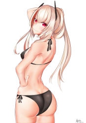 Rule 34 | 1girl, absurdres, airbo, artist name, ass, back, bikini, black bikini, blonde hair, blush, breasts, closed mouth, feet out of frame, girls&#039; frontline, halterneck, hand in own hair, hand on own hip, headphones, highres, long hair, looking to the side, m4 sopmod ii (girls&#039; frontline), medium breasts, multicolored hair, red eyes, side-tie bikini bottom, simple background, smile, solo, standing, string bikini, swimsuit, white background