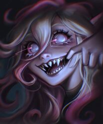 Rule 34 | 1girl, briar (league of legends), cheek pull, finger in own mouth, grey eyes, grey hair, hair between eyes, highres, league of legends, long hair, looking at viewer, moondustina, multicolored hair, nose, open mouth, pointy ears, portrait, pulling, saliva, sharp teeth, smile, solo, teeth, tongue, vampire
