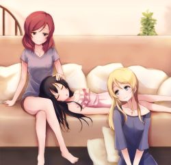 Rule 34 | 3girls, arm support, ayase eli, bad id, bad pixiv id, barefoot, bibi (love live!), black eyes, black hair, black shorts, blonde hair, breasts, brown hair, collarbone, couch, crossed legs, dress, closed eyes, green eyes, grey shirt, half-closed eyes, hand on another&#039;s face, head tilt, indoors, ivioss, jewelry, long hair, looking down, love live!, love live! school idol project, lying, multiple girls, necklace, nishikino maki, on back, open mouth, shirt, short shorts, short sleeves, shorts, sitting, sleeping, sleeveless, sleeveless dress, smile, white dress, yazawa nico