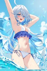 Rule 34 | 1girl, :d, absurdres, ahoge, arm up, armpits, arms up, bikini, blue eyes, blue hair, blue sky, blush, breasts, cloud, cowboy shot, drop-shaped pupils, furina (genshin impact), genshin impact, gentilhomme usher, grey hair, hair between eyes, hat, heterochromia, highres, hizuki higure, light blue hair, long hair, looking at viewer, mademoiselle crabaletta, medium breasts, multicolored hair, navel, open mouth, outdoors, partially submerged, side-tie bikini bottom, sky, smile, solo, standing, stomach, streaked hair, sunlight, surintendante chevalmarin, swimsuit, symbol-shaped pupils, teeth, two-tone hair, very long hair, water, wet, white bikini, white hair