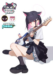 Rule 34 | 1girl, absurdres, animal ears, black cardigan, black choker, black footwear, black hair, black mask, black socks, blue archive, blunt bangs, blunt ends, blush, bob cut, cardigan, cardigan around waist, cat ears, cat girl, choker, clothes around waist, colored inner hair, commentary request, earrings, eco 376124, electric guitar, english text, extra ears, grey skirt, guitar, halo, highres, holding, holding instrument, holding plectrum, instrument, jewelry, kazusa (band) (blue archive), kazusa (blue archive), logo, looking at viewer, multicolored hair, music, official alternate costume, pink eyes, pink hair, playing instrument, pleated skirt, plectrum, print shirt, ring, shirt, short hair, short sleeves, sidelocks, simple background, sitting, skirt, socks, solo, stud earrings, t-shirt, two-tone hair, white shirt, wristband