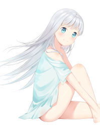 Rule 34 | 10s, 1girl, bad id, bad pixiv id, bare shoulders, barefoot, blue eyes, blue shirt, blush, eromanga sensei, from side, hands on feet, highres, hugging own legs, izumi sagiri, legs, linhe de chuangzi, long hair, looking at viewer, naked shirt, off shoulder, shirt, silver hair, simple background, sitting, smile, solo, white background, wind