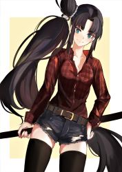 Rule 34 | 1girl, absurdres, black hair, blouse, collarbone, denim, denim shorts, fate/grand order, fate (series), flannel, highres, holding, holding sword, holding weapon, long hair, lumo 1121, red shirt, shirt, shorts, side ponytail, sword, thighhighs, ushiwakamaru (fate), very long hair, weapon, yellow background