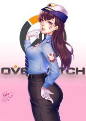 Rule 34 | 1girl, animal print, artist name, ass, belt buckle, black pants, blue shirt, breasts, brown eyes, brown hair, buckle, collared shirt, copyright name, cowboy shot, d.va (overwatch), dated, facepaint, female service cap, fingers to mouth, gloves, gradient background, hand on own hip, hat, highres, long hair, long sleeves, looking at viewer, looking to the side, medium breasts, necktie, officer d.va, official alternate costume, overwatch, overwatch 1, pants, parted lips, pink background, rabbit print, shirt, signature, smile, solo, striped necktie, striped neckwear, white gloves, yuanchuang