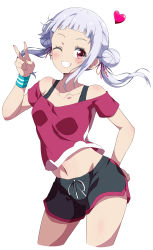Rule 34 | 1girl, absurdres, arashi chisato, bare shoulders, black shorts, blush, collarbone, contrapposto, cowboy shot, cropped shirt, dolphin shorts, double bun, eggman (pixiv28975023), grey hair, grin, groin, hair bun, hand on own hip, highres, looking at viewer, love live!, love live! superstar!!, medium hair, midriff, navel, off-shoulder shirt, off shoulder, one eye closed, pink shirt, red eyes, shirt, shorts, simple background, smile, solo, sweat, sweatband, twintails, v, white background, wristband