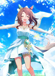 Rule 34 | 1girl, absurdres, bare shoulders, blue sky, brown eyes, cloud, cloudy sky, commentary request, cowboy shot, day, dress, ear covers, elbow gloves, facing viewer, falling petals, gloves, highres, horse girl, jewelry, king halo (evergreen identity) (umamusume), king halo (umamusume), necklace, neko senshi, official alternate costume, official alternate hairstyle, open mouth, outdoors, outstretched arms, petals, single ear cover, sky, smile, solo, strapless, strapless dress, teeth, umamusume, upper body, upper teeth only, wavy hair, wedding dress, white dress, white gloves