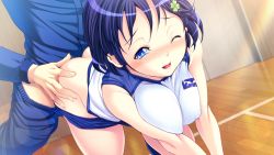 Rule 34 | 1girl, all fours, ass, ass grab, blue eyes, blue hair, blush, breasts, breasts squeezed together, buruburu, buruma, buruma pull, clothed sex, clothes pull, covered erect nipples, doggystyle, game cg, gym uniform, hair ornament, large breasts, legs, one eye closed, open mouth, sex, sex from behind, short hair, sunlight, thighs, twintails, underwear, vaginal, wince, wooden floor