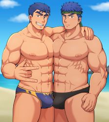Rule 34 | 2boys, abs, bara, black male swimwear, black swim briefs, blue eyes, blue hair, blue male swimwear, blue swim briefs, bulge, bulge press, bulges touching, cowboy shot, fire emblem, fire emblem: the binding blade, fire emblem: the blazing blade, hector (fire emblem), ike (fire emblem), large pectorals, looking at viewer, male focus, male swimwear, multiple boys, muscular, nintendo, nipples, pectoral docking, pectoral press, pectorals, penis, penises touching, smile, swim briefs, swimsuit, thick eyebrows, thighs, topless male, upper body, vert cypres