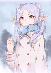 Rule 34 | 1girl, coat, commentary request, earrings, elf, expressionless, frieren, green eyes, grey hair, highres, jewelry, kawata hisashi, long hair, looking at viewer, outdoors, pointy ears, scarf, sketch, snow, solo, sousou no frieren, twintails, upper body