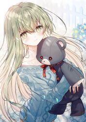 Rule 34 | 1girl, blue sweater, blurry, blurry background, blush, cecilia (shiro seijo to kuro bokushi), commentary request, fence, green eyes, green hair, hair between eyes, holding, holding stuffed toy, kazutake hazano, knit sweater, long hair, long sleeves, looking at viewer, outdoors, shiro seijo to kuro bokushi, smile, solo, standing, stuffed animal, stuffed toy, sweater, teddy bear