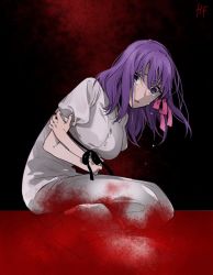 Rule 34 | 1girl, bent over, black background, blood, blood on clothes, clutching chest, collared dress, crying, dress, fate/stay night, fate (series), from side, hair ribbon, injury, kneeling, leaning forward, long hair, matou sakura, official alternate costume, pool of blood, purple eyes, purple hair, ran (ran 0605), red background, ribbon, shaded face, solo, tears, wide-eyed